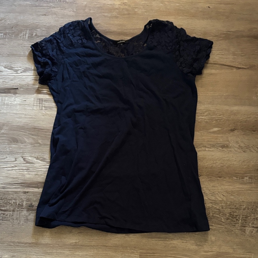 Ambiance Elegant Navy Lace Sleeve Women's Top